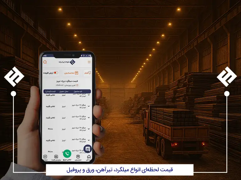 قیمت لحظه‌ای انواع میلگرد، تیرآهن، ورق و پروفیل